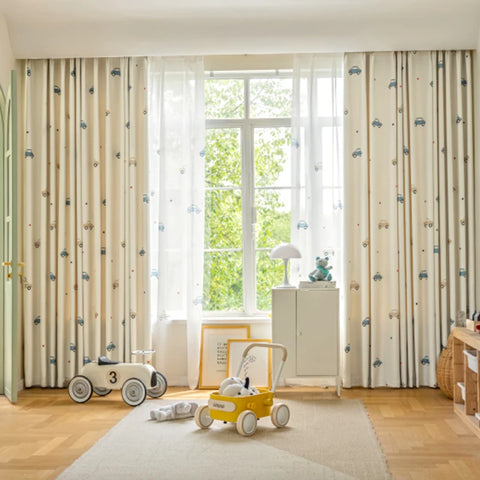 1PC Cute Cartoon Car Children's Blackout Curtains, Beige Shading Curtains For Kids Bedroom Window Decoration,  Tulle Curtains