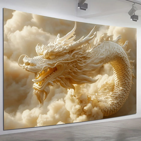 1 pc 3D Dragon and Auspicious Clouds Art Tapestry - Stately White Polyester Wall Hanging, Polyester Fabric, Machine Washable