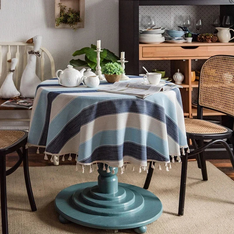 Solid Embroidery Round Tablecloth with Tassels Dust-Proof Table Cover for Kitchen Living Room Dinning Party Tabletop Decorations