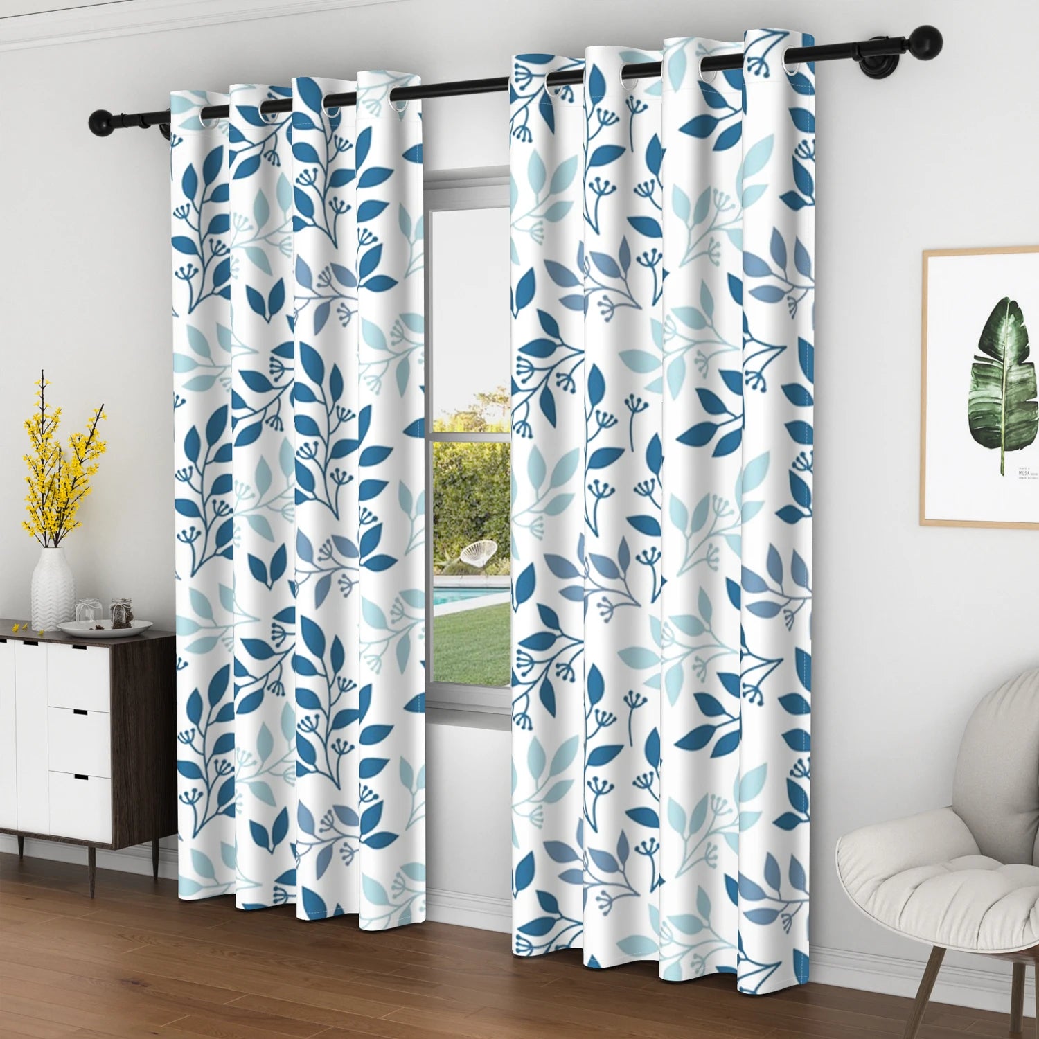2pcs Nordic Style Blackout Curtains Blue Leaf Pattern Decor Home Interior Curtains Modern Simple Window Curtains For Living Room