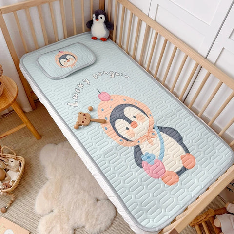 2pcs Summer Cooling Viscose Fiber Latex Mat Set for Kids,Cute Penguin Bed Sheet Pad,Foldable Baby Girl Boy Home Textile,60x120