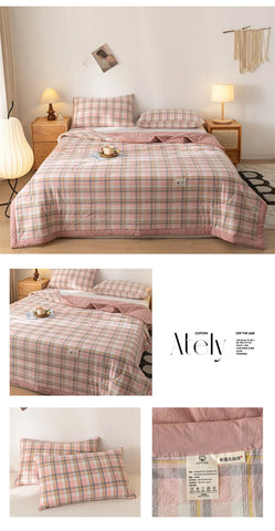 Ins Style Summer Quilt with 100% Cotton Filling Lightweight Skin-friendly Pure Cotton Quilt Plaid Style Thin Comforter Bed Duvet