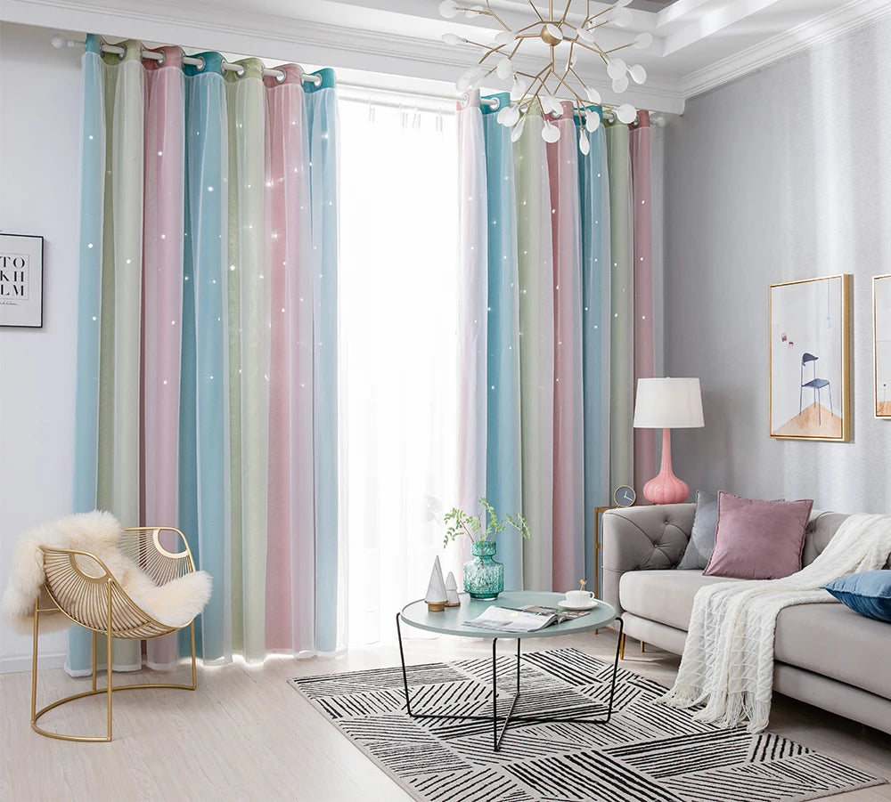 Rainbow Hollow-Out Star Blackout Curtains for Girl Kid Nursery Bedroom and Living Room Double Layer Window Cute Grommet Curtains