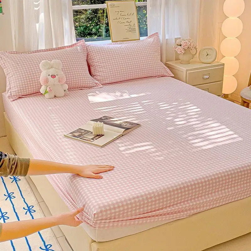 New Ultra-Thin Grid Pattern Fitted Sheet Set Washed Cotton Skin-Friendly Mattress Dust Cover Soft Breathable Household Mat