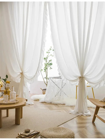 White Vintage Ruffle Tulle Curtains For Girls Bedroom Romantic Bay Window Drapes Living Room Soft Chiffon Thicker Sheer
