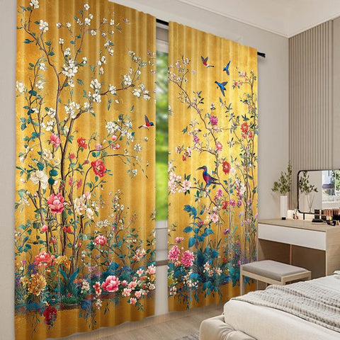 2pcs 2D flat printing Merry Christmas Trendy Curtains Golden Blooms scopic and stylish 100% polyester fiber Festive Curtains for