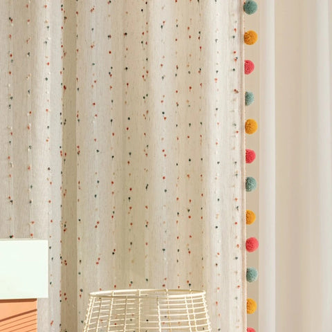 1Pair Cute Rainbow Hairball Embroidered Sheer Tulle Curtain with Pom-pom Tassels Lace For Living Room Childrens Room Home Decor