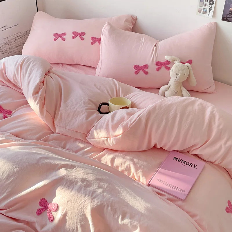 Cute Pink Bows Duvet Cover Set, 3D Embroidery Bedding Sets Pink Bed Set, Comfy Queen Comforter Covers Soft for Girls Kids Teens