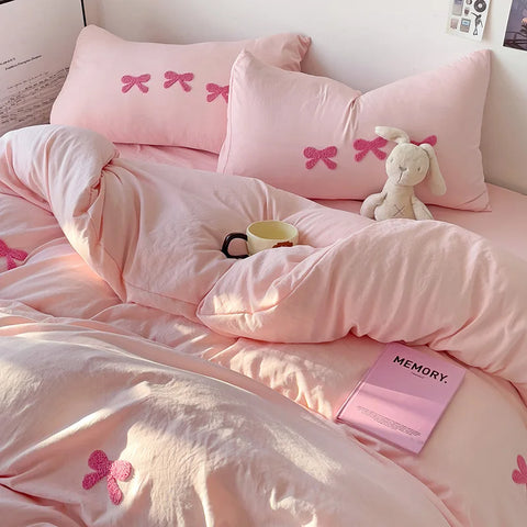 Cute Pink Bows Duvet Cover Set, 3D Embroidery Bedding Sets Pink Bed Set, Comfy Queen Comforter Covers Soft for Girls Kids Teens