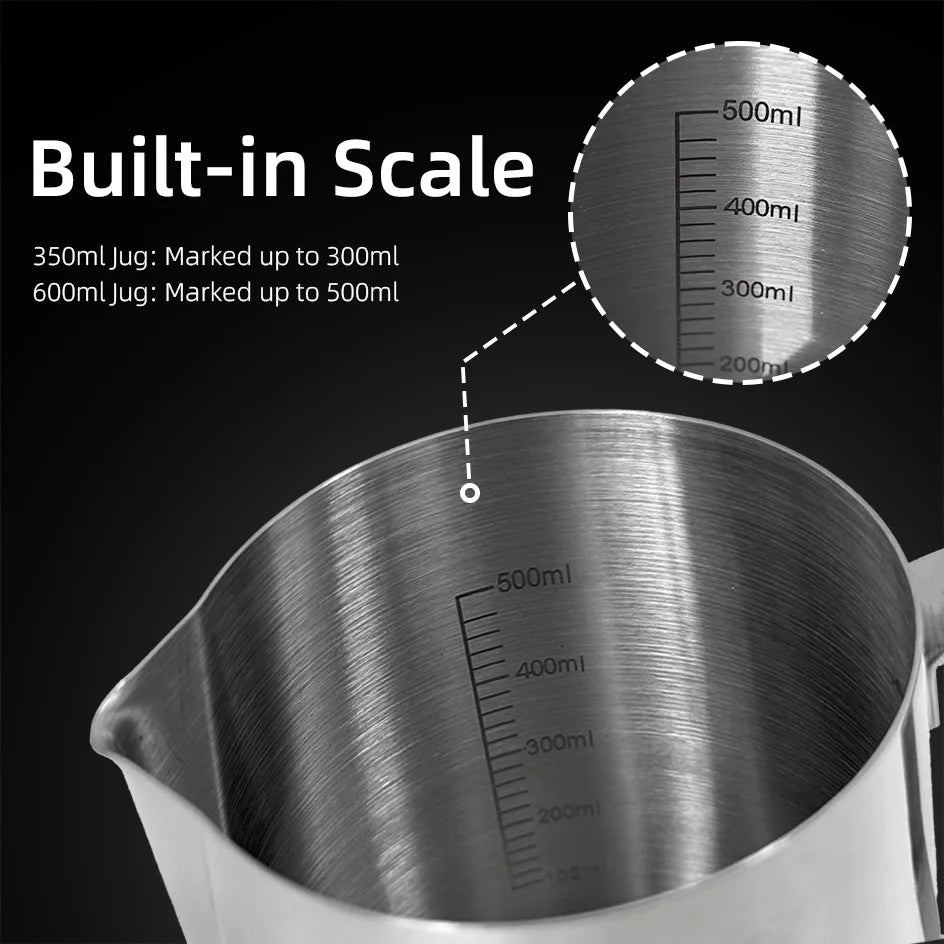 Milk Frother Jugs with Scale 350ml 600ml Stainless Steel Espresso Coffee Milk Pitcher Barista Steaming Cup Latte Art Needle