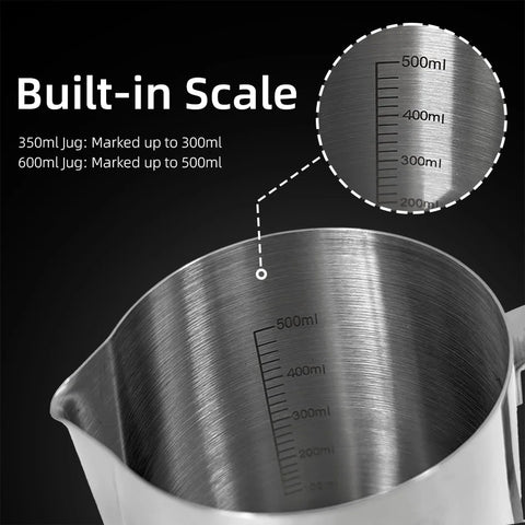 Milk Frother Jugs with Scale 350ml 600ml Stainless Steel Espresso Coffee Milk Pitcher Barista Steaming Cup Latte Art Needle
