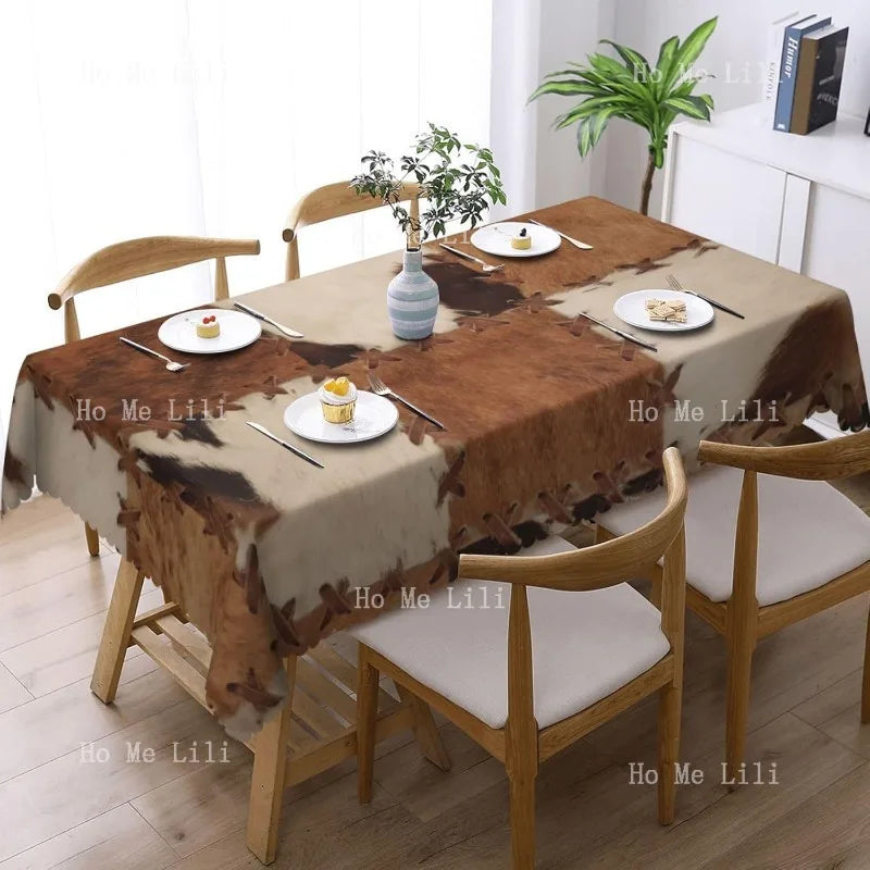 Cowhide Rectangle Tablecloth Patchwork Cow Fur Print Cloth Kitchen Dining Farm Animal Tablecloths Western Cowboy Table Cover
