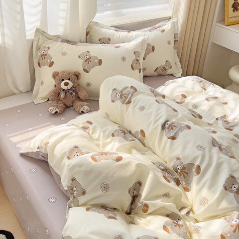 Cute Bear Duvet Cover Set for Teens, 3-Pieces Set 100%Cotton Comforter Cover with Pillow Shams, Soft Comfortable Kids Bedding