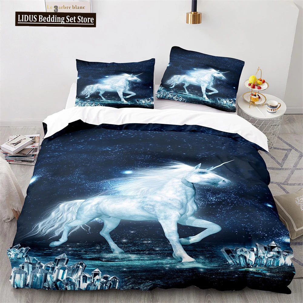 Unicorn Rainbow Duvet Cover Set King Twin Full Size Kids Boy Girl Bedding Set Colourful Cartoon Child Polyester Comforter Cover