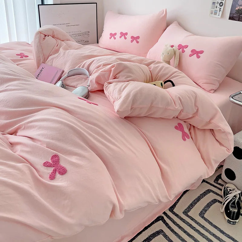 Cute Pink Bows Duvet Cover Set, 3D Embroidery Bedding Sets Pink Bed Set, Comfy Queen Comforter Covers Soft for Girls Kids Teens