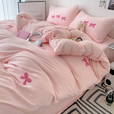 Cute Pink Bows Duvet Cover Set, 3D Embroidery Bedding Sets Pink Bed Set, Comfy Queen Comforter Covers Soft for Girls Kids Teens