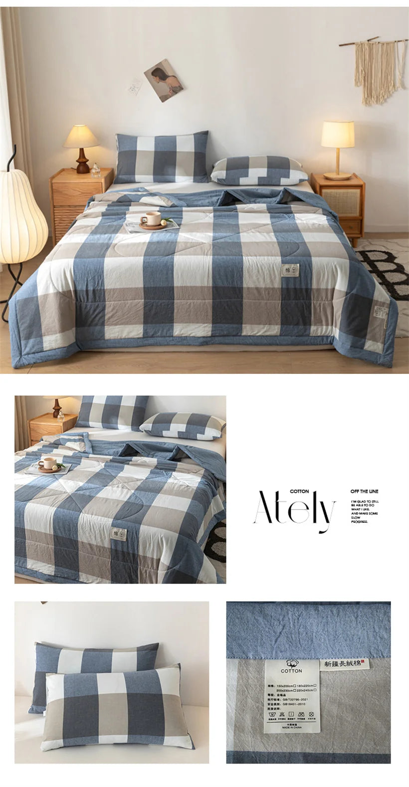 Ins Style Summer Quilt with 100% Cotton Filling Lightweight Skin-friendly Pure Cotton Quilt Plaid Style Thin Comforter Bed Duvet