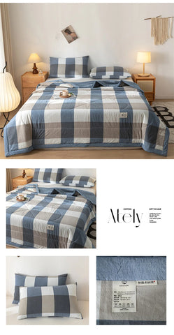 Ins Style Summer Quilt with 100% Cotton Filling Lightweight Skin-friendly Pure Cotton Quilt Plaid Style Thin Comforter Bed Duvet