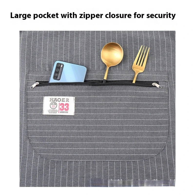 Kitchen Oil Resistant Straps Aprons  Breathable Apron Striped Zippered Cotton Apron  Women Men Dirt Resistant Work Clothes