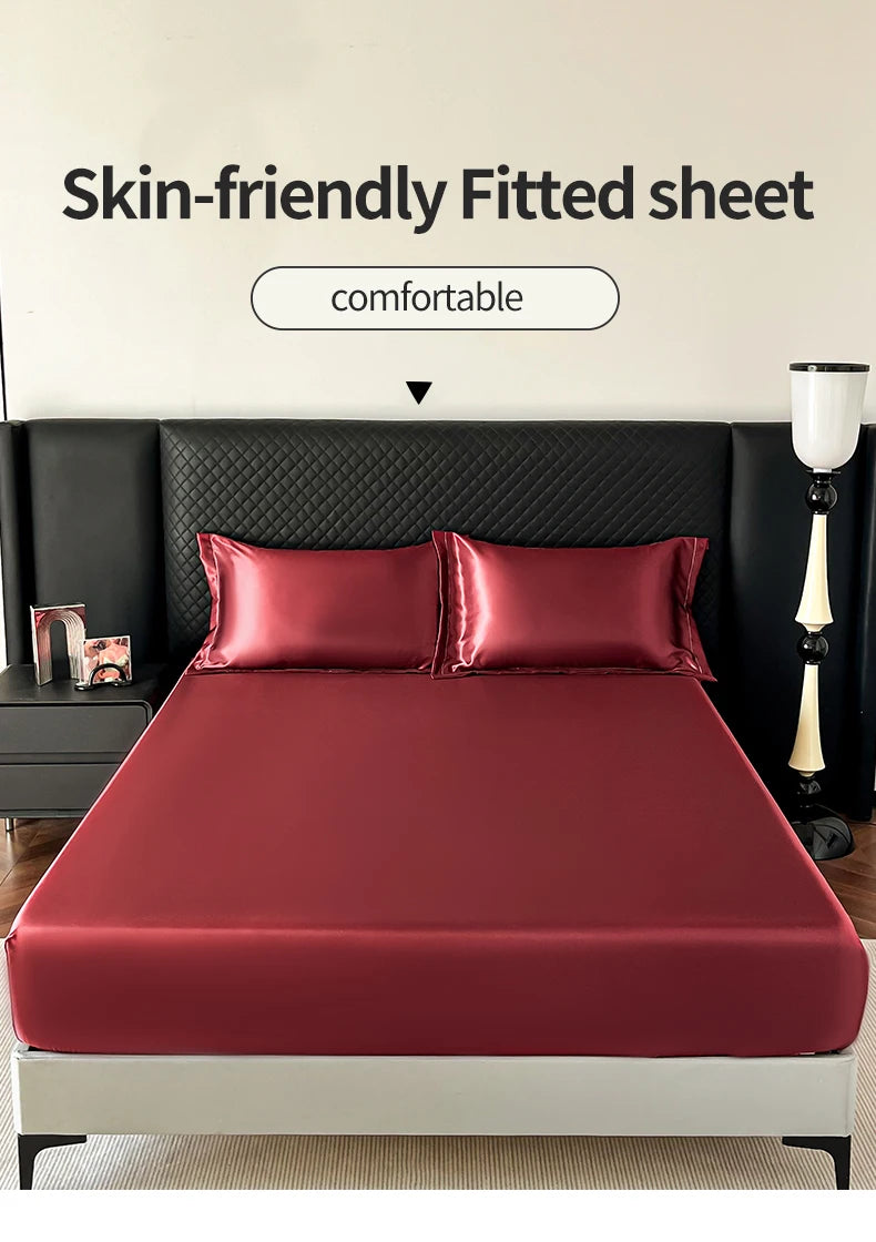 New Imitation Silk Satin Bed Sheet Set with Elastic Band Soft Silky Queen Fitted Sheet Mattress Cover King Size Bedsheet Sets