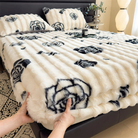 Luxury Faux Rabbit Plush Fitted Sheet with Deep Pocket Winter Thicken Warm Mattress Protector Soft Fluffy Double Mattress Cover