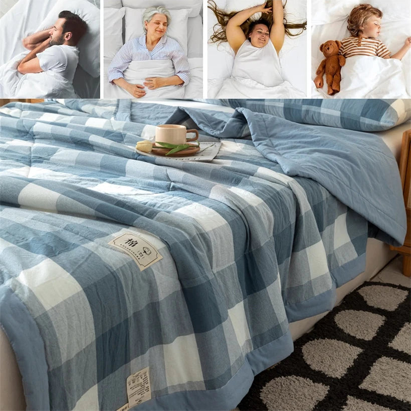 Ins Style Summer Quilt with 100% Cotton Filling Lightweight Skin-friendly Pure Cotton Quilt Plaid Style Thin Comforter Bed Duvet