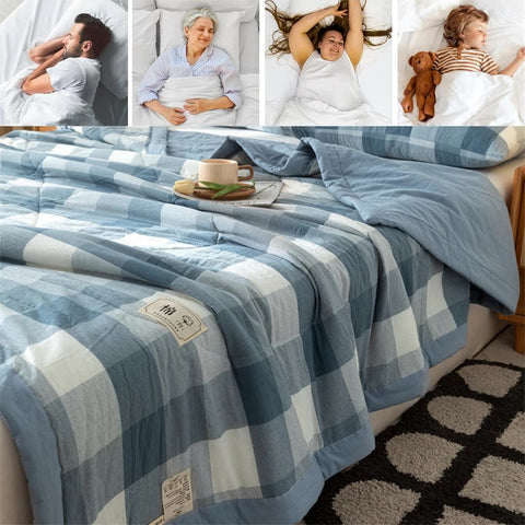 Ins Style Summer Quilt with 100% Cotton Filling Lightweight Skin-friendly Pure Cotton Quilt Plaid Style Thin Comforter Bed Duvet