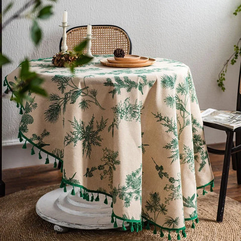 Solid Embroidery Round Tablecloth with Tassels Dust-Proof Table Cover for Kitchen Living Room Dinning Party Tabletop Decorations
