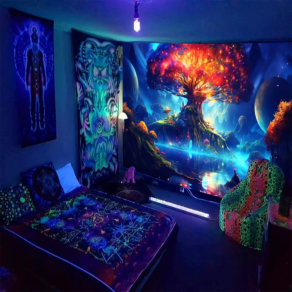 Dream Forest Fluorescent Tapestry for Bedroom Living Room Decoration Polyester Material Belt Installation Kit