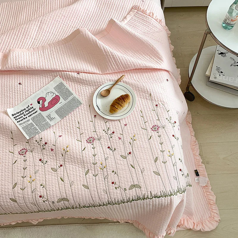 Fresh Flower Embroidered Summer Blanket 4/3/1 Pcs Ruffled Quilted Summer Quilt Set Machine Washable Lightweight Comforter Duvet