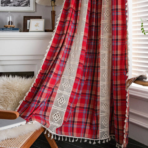 Curtain Green Grid Splicing Color Woven American Finished Kitchen Curtains Bay Window Curtains Semi Blackout Curtains