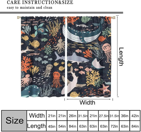Kids Sea Animal Curtains Boys Girls Bedroom Nursery Decor Funny Turtle Whale Ocean Colorful Art Printed Blackout Window Drapes