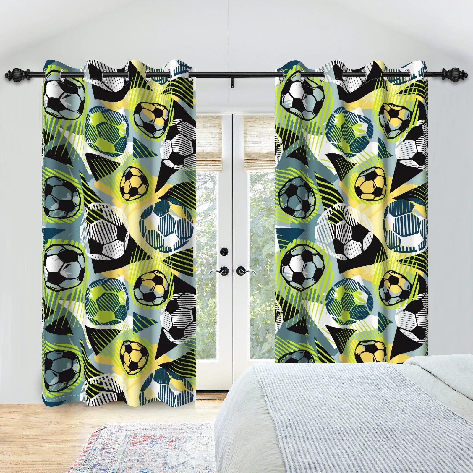 Sports Theme Kids Room Blackout Curtains Football Basketball Rugby Pattern Double Layer Curtains for Bedroom Sports Lovers Decor