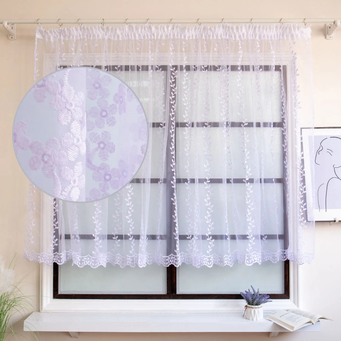 FLYING Romantic Style Embroidered Sheer Curtain Semi-Transparent Window Drapes for Living Room Multiple Sizes Available 1pc
