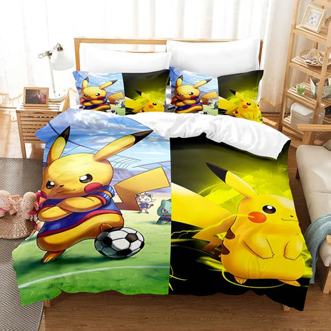 Kawaii Pokemoned Cartoon Anime Bedding Set Pikachu Gengar Eevee Charizard Quilt Duvet Cover Pillowcase Kid Bed Set Twin Size