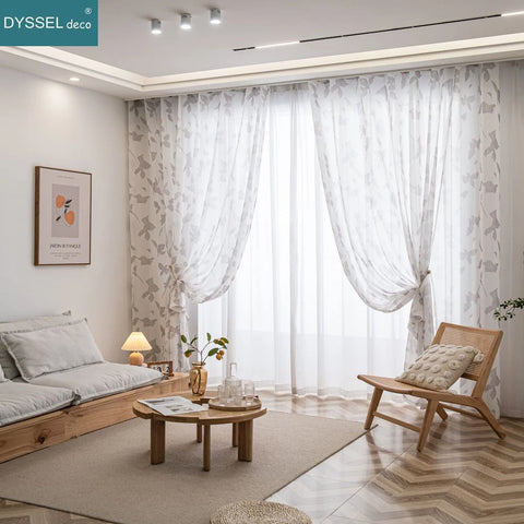 Natural Printed Sheer Curtains Linen Textured for Living Room Maple Leaf Design Farmhouse Style Window Panel Drapes Grommet Top