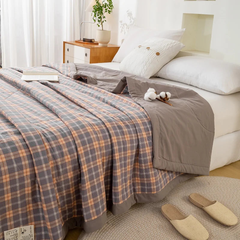 Japanese-style Plaid Summer Blanket 100% Cotton Skin Friendly Quilted Queen Quilt 220*240 Breathable King Size Duvet Comforter
