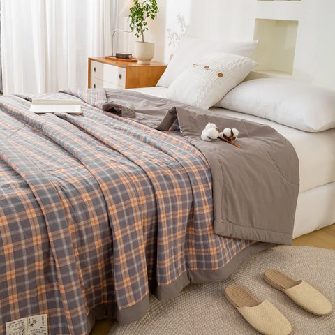 Japanese-style Plaid Summer Blanket 100% Cotton Skin Friendly Quilted Queen Quilt 220*240 Breathable King Size Duvet Comforter