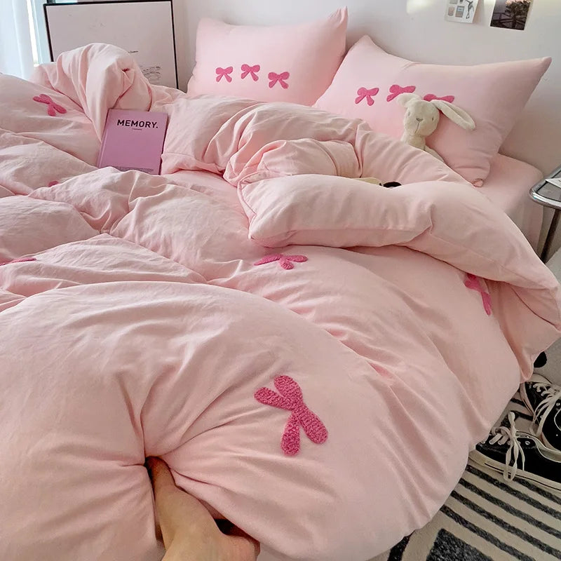 Cute Pink Bows Duvet Cover Set, 3D Embroidery Bedding Sets Pink Bed Set, Comfy Queen Comforter Covers Soft for Girls Kids Teens