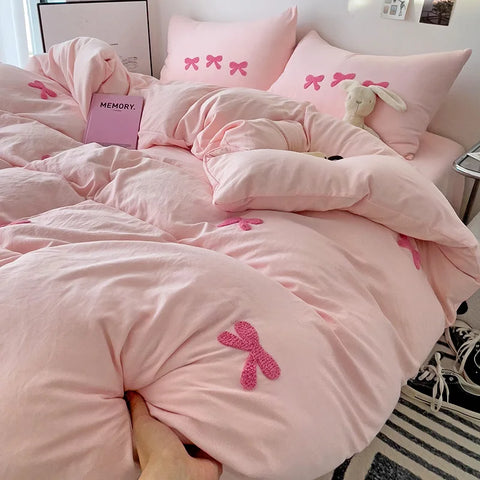 Cute Pink Bows Duvet Cover Set, 3D Embroidery Bedding Sets Pink Bed Set, Comfy Queen Comforter Covers Soft for Girls Kids Teens