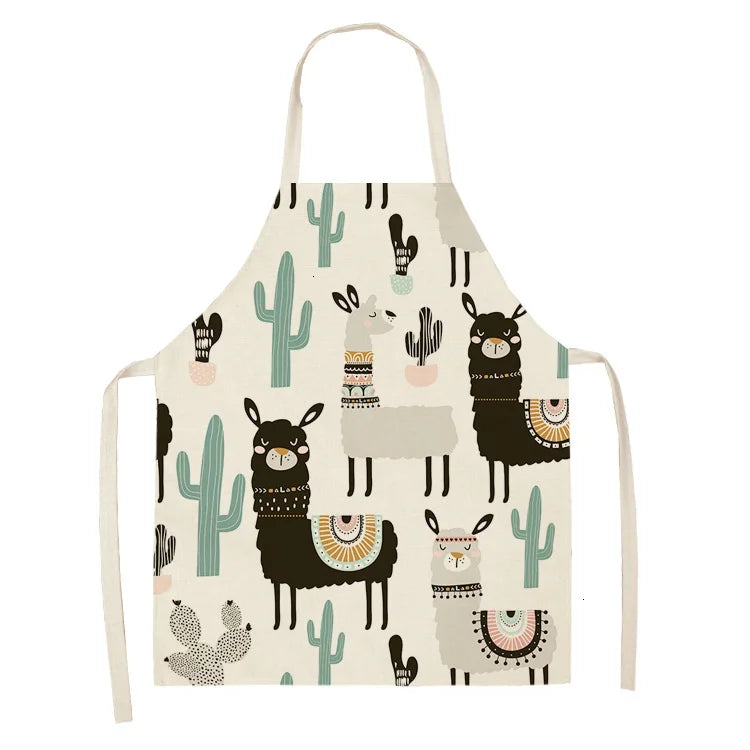 Alpaca Llama Cactus Printed Cotton Linen Sleeveless Aprons Kitchen Women Pinafore Home Cooking Baking Waist Bib Fartuchy Tablier