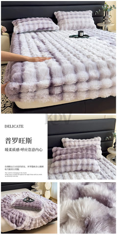 Luxury Faux Rabbit Plush Fitted Sheet with Deep Pocket Winter Thicken Warm Mattress Protector Soft Fluffy Double Mattress Cover
