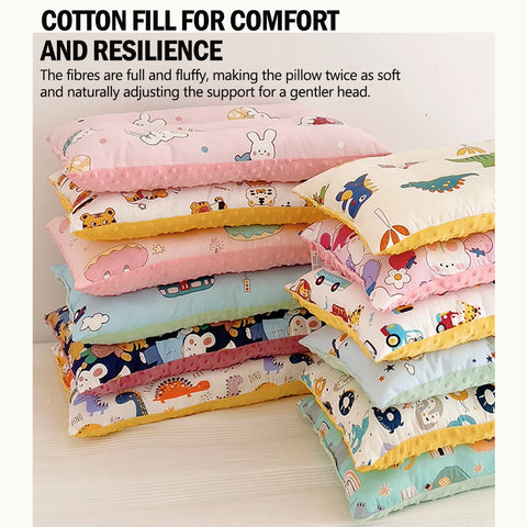 Soft Baby Pillow with Adorable Cartoon Print, Cotton and Microfiber Filling, Gentle Fabric, All-Season Comfort Soothing Cushion
