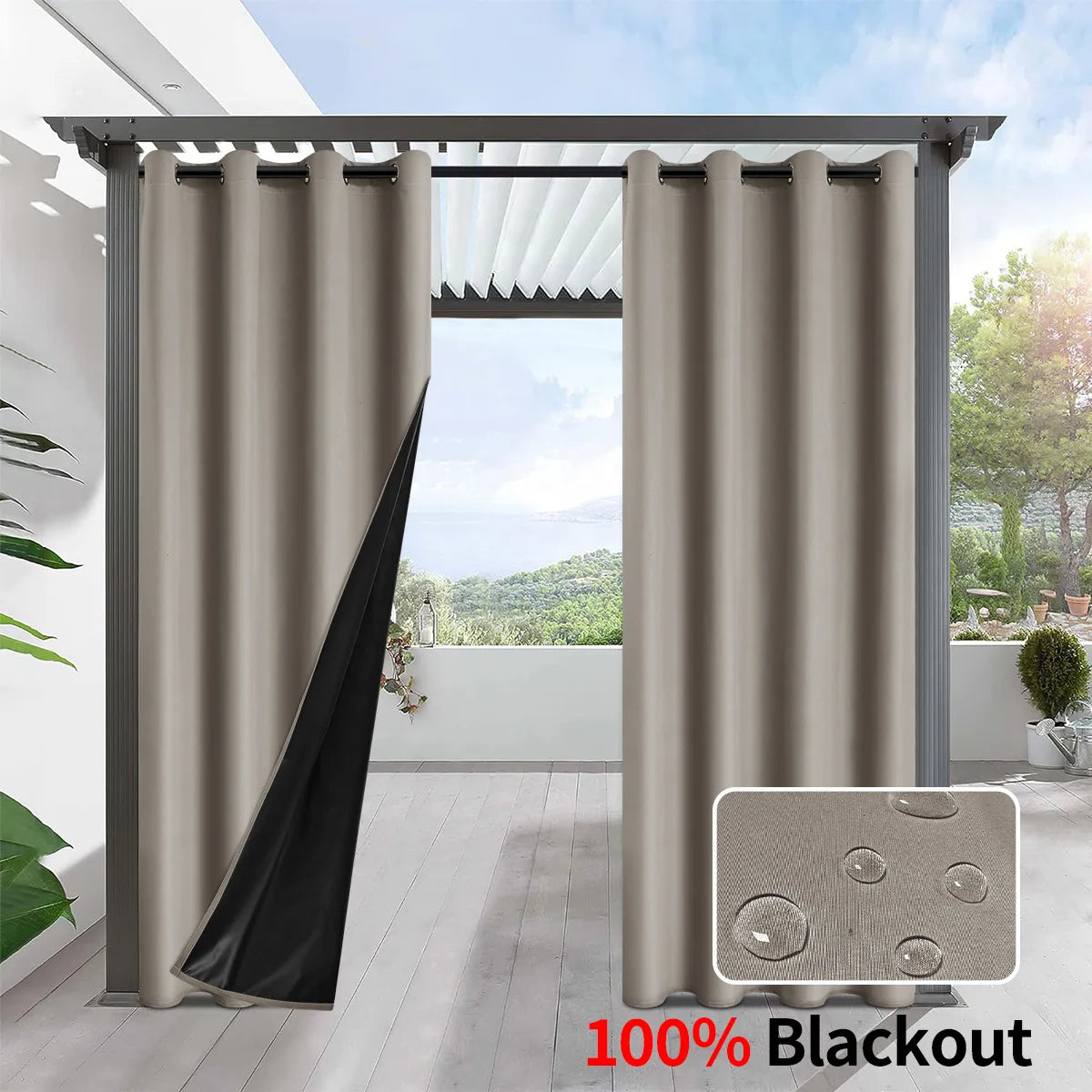 1pc Solid 100% Blackout Curtains, Waterproof Outdoor Curtains for Garden, Patio, Porch, Bedroom, Living Room, Pergola, Cabana