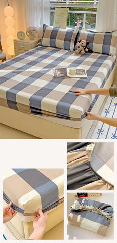New Ultra-Thin Grid Pattern Fitted Sheet Set Washed Cotton Skin-Friendly Mattress Dust Cover Soft Breathable Household Mat