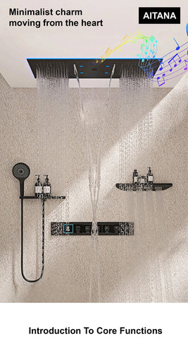 Luxury Brass Ceiling Mount Thermostatic LED digital display Shower Set System Bluetooth Music Rain Shower Head Bathroom Faucet