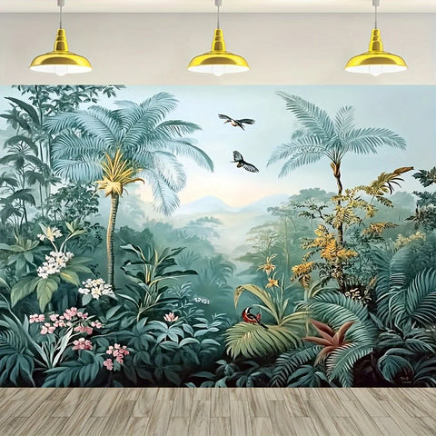 1pc Tropical Rainforest & Birds Wall Tapestry - Vibrant Jungle Scene with Lush Foliage, Colorful Birds & Misty Sunlight on Durab