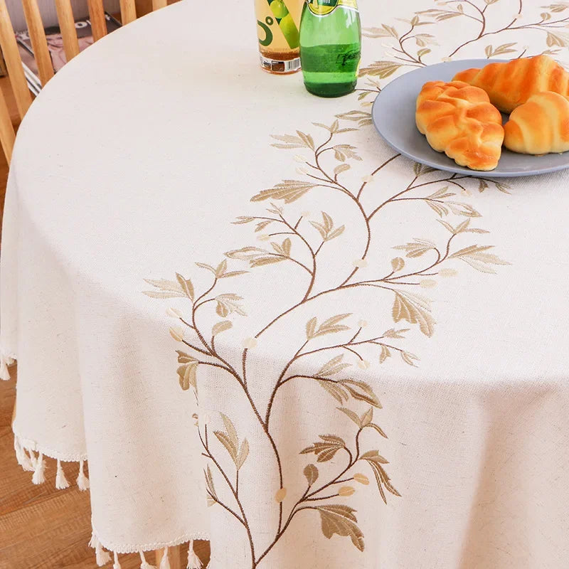 Solid Embroidery Round Tablecloth with Tassels Dust-Proof Table Cover for Kitchen Living Room Dinning Party Tabletop Decorations