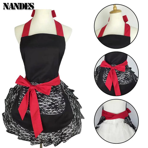 Black Red Lace Apron With Pocket Retro Sexy Pinup Aprons For Kitchen Cosplay Costume Cooking Oilproof Aprons for Women Girls