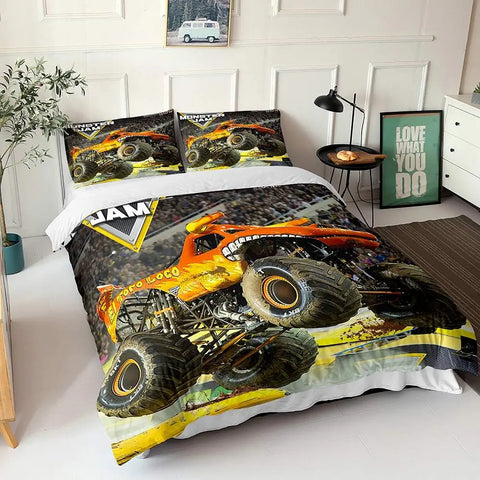 Cartoon Monster Truck Duvet Cover Sets,Soft Comfortable Breathable Bedding Set  with Pillowcases Zipper for Kids Boys Girls